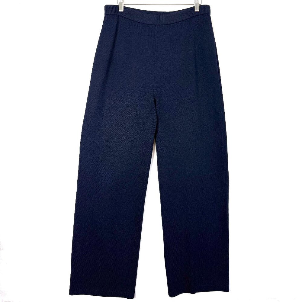 St John Collection Santana Knit Wool Blend Wide Leg Trouser Pants Womens 12 Blue